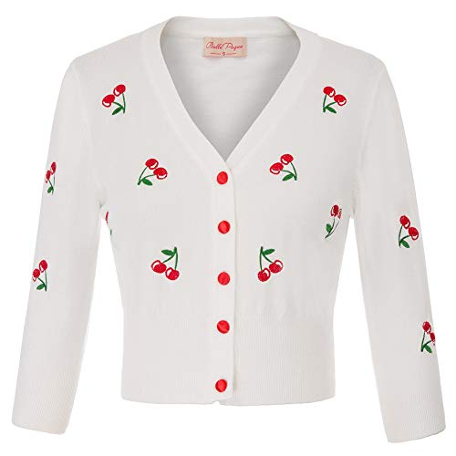 Belle Poque Women's 3/4 Sleeve V-Neck Button Down Cherries Embroidery Cropped Cardigan Sweater Coat - Cream White - Large