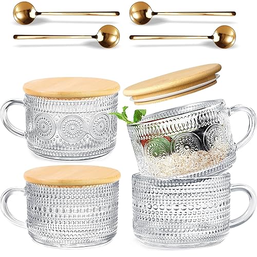HAPTIME 4 Pcs Vintage Coffee Mugs - 14oz Clear Glass Tea Cups with Lids and Spoons - Ideal Iced Coffee Cups for Housewarming Gifts & Coffee Bar Accessories - 4 New Seal Mug