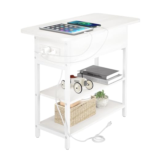 Yoobure End Table with Charging Station, Flip Top Side Table with USB Ports and Outlets, Sofa Couch Table Bedside Table for Living Room Bedroom, Narrow Nightstand with Storage Shelves for Small Spaces - White