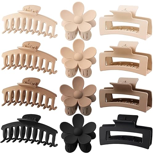 12 Pack Large Flower Matte Claw Clips 4.3 Inch Rectangle for Women Thin Thick Curly Hair, Banana Clips Strong Hold jaw clips, 3 Styles, Neutral Colors - Black, Coffee, Khaki, Beige