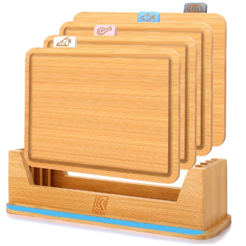 Bamboo Chopping Board, Cutting Board Set with Juice Groove, 4 Pieces Chopping Board Set with Stand, Perfect as Kitchen Tools & Gadgets, for Meat Prep Cheese Vegetables and Fruits