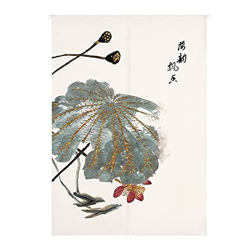 Odot Noren Rideau de Porte Long Coton et Lin, Rideau Demi-Porte Peinture à l'encre Chinois Style, Rideau de Séparation de Cuisine de Restaurant Tapisserie Décoration (85x200cm,Feuilles) - 85x200cm - Feuilles