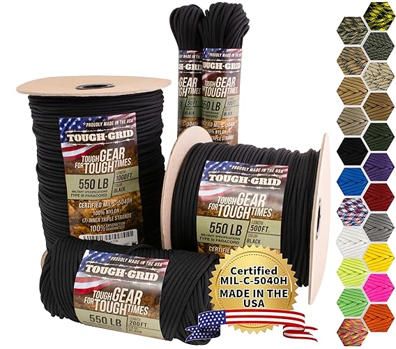 TOUGH-GRID Premium 550lb Paracord Rope - Made in USA - 100% Nylon Type III Mil-Spec - UV & Abrasion Resistant - Heavy Duty Strands - Outdoor Survival Rope - Used by US Military - 50 ft to 1000 ft - Black - 50Ft. (Coiled in Bag)