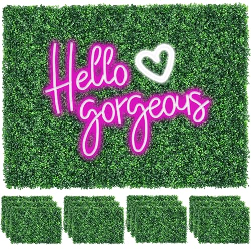 12 Pcs 24"x 16" Artificial Grass Wall Panels with Pink Neon Sign Boxwood Hedge Wall Panels for 31 SQ Feet Greenery Backdrop Wall Decor for Indoor Garden Fence Backyard (Style B) - Style B