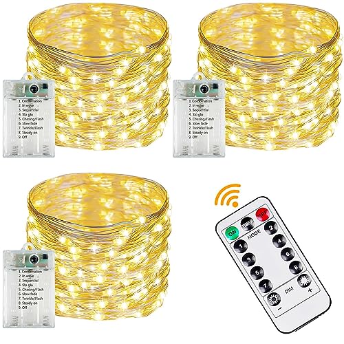 3-Pack 78FT Fairy Lights Battery Operated with Timer & Remote, Waterproof 240 LED Twinkle String Lights Outdoor Indoor 8 Modes for Christmas, Bedroom, Dorm, Wedding, Tree, Mason Jar, Party(Warm White) - Warm White - 3 pack