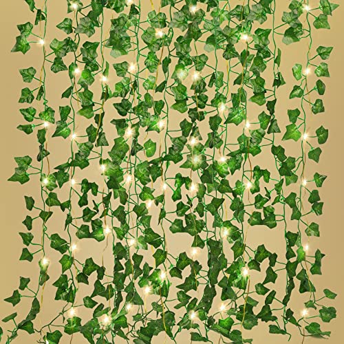 RECUTMS Fake Ivy Vines 12 Pack 86 FT with 100 LED String Light Leaf Faux Leaves Greenery Artificial Garland Hanging Plant for Room Garden Office Wedding Wall Decor - Green-12 Light