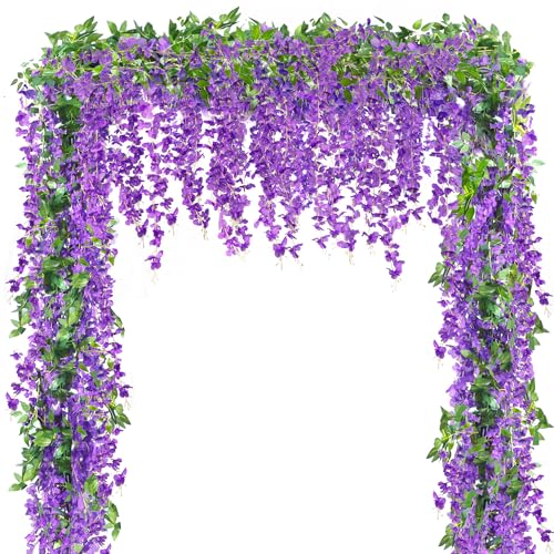 Sggvecsy 6Pcs Wisteria Garland Artificial Flowers Garland Fake Hanging Wisteria Vines Rattan Silk Hanging Flower Vines for Home Garden Outdoor Wedding Arch Party Ceremony Total 35.4Ft (Purple) - Purple