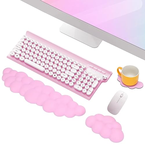 Mardiko Cloud Mouse and Keyboard Wrist Support, Memory Foam Mouse & Keyboard Wrist Rest with Anti-Skid Coasters, Ergonomic Mouse and Keyboard pad Wrist Support for Office Home Games, Pink - Pink