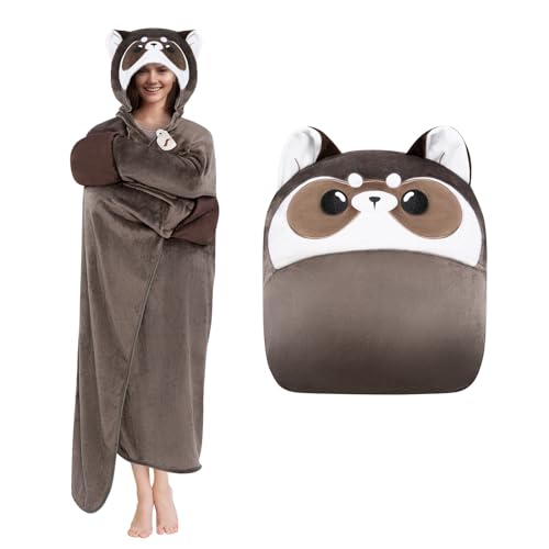 Mewaii Raccoon Wearable Blanket, Cute Animal Hoodie Blankets for Women, Oversize Raccoon Costume, Sherpa Hoodie Throw Cloak Wrap, Soft Raccoon Hooded Gifts for Adult - Raccoon - 51 Inch
