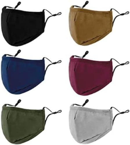 3-Ply Cloth Face Mask 6 Pack,Washable, Reusable and Breathable Face Covering with Adjustable Ear Protection Loops women/men - Black/Grey/Wine Red/Dark Green/Dark Blue/Brown