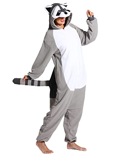 ofodoing Adult Animal One-piece Pajamas Cosplay Animal Homewear Sleepwear Jumpsuit Costume for Women Men - R-gray Raccoon Onesie - Medium