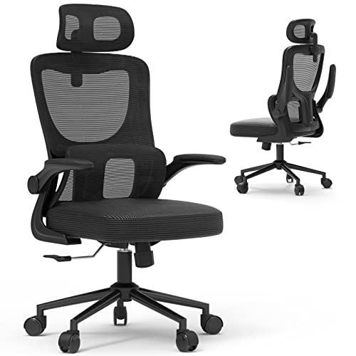 Laziiey Home Office Desk Chair, Ergonomic Office Chair with Flip Up Arms Adjustable Headrest, Mesh Computer Chairs with Lumbar Support for Office Home Work - 2DS03
