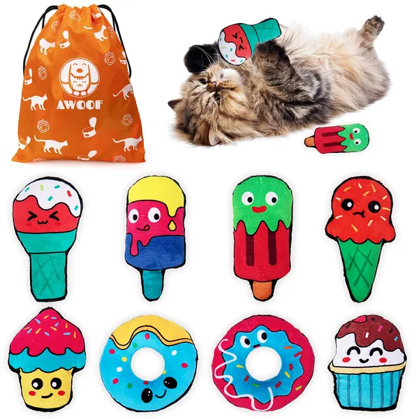 AWOOF Catnip Toys for Cats, Interactive Cat Toys Bite Resistant Teeth Cleaning Catnip Chew Toys for Kitty Kittens, Cute Donut Cat Kicker Plush Pillows Cat Toys for Indoor Cats (8 Pack)