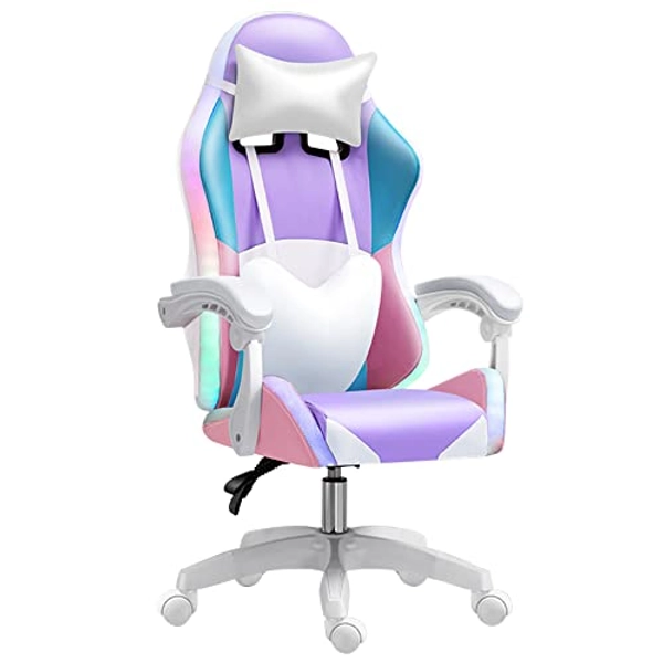 Gaming Chair,Cute Computer Office Chair Adjustable Swivel Racing Office Chair, Ergonomic Gaming Chair with Gradient RGB Lights 3D Bluetooth Speakers,Pu Leather High Back Chair,Purple,without footrest