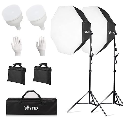 Octa Softbox Lighting Kit, Skytex Upgrade Continuous Photography Lighting Kit with sandbags, 28In Diameter Octa Soft Box | 135W 5500K LED Bulb, Studio Lights for Photo Shooting, Video Recording - 2octasoftbox