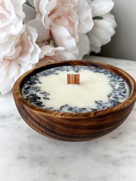 Organic Natural Dried Lavender Buds Adorn this Scented Soy Candle In Jacaranda Wood Bowl | Elegant | Hand Poured Candle | Home Decor |