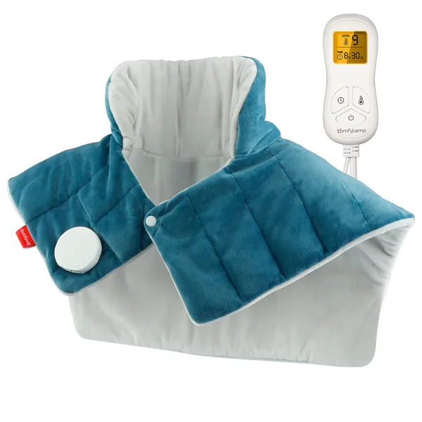 Weighted Heating Pad for Neck and Shoulders, Comfytemp 2.2lb Large Electric Heated Neck Shoulder Wrap for Pain Relief - 9 Heat Settings, 11 Auto-Off with Countdown, Stay on, Backlight - 19"x22" - Blue