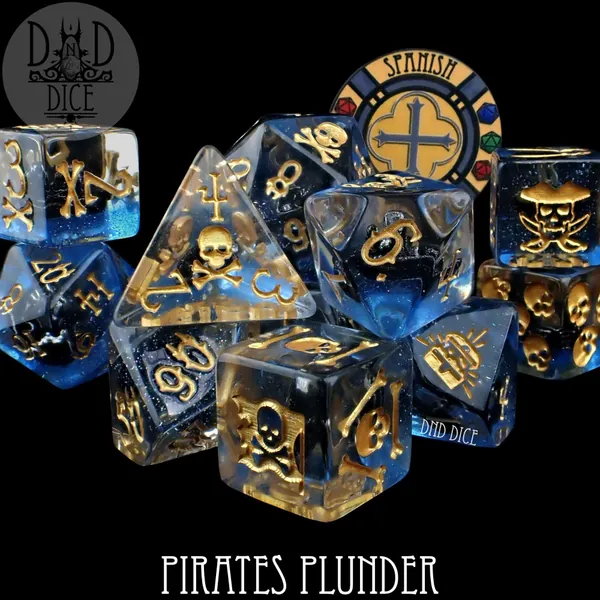 Pirates Plunder Exclusive 11 Dice Set | Anne Bonny & Blackbeard Pirate Dice Theme with the Jolly Roger | DND5E