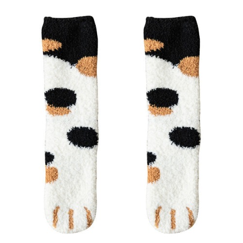 Kawaii Warm Cat Paw Fuzzy Socks - 1 x Black Calico