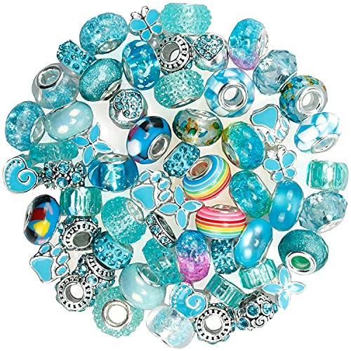 60 Pcs European Assorted Large Hole Spacer Beads, Assortments Metal Resin Charm Beads Rhinestone Beads, Supplies for DIY Necklace Bracelets Jewelry Making（Light Blue） - 60 - Light Blue