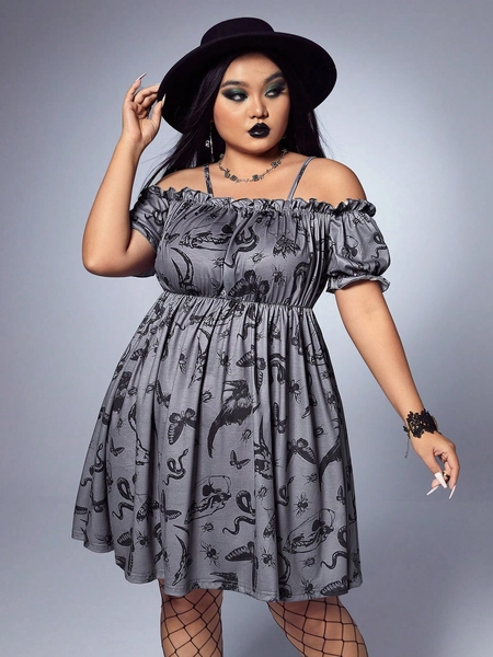 Goth Plus Allover Print Cold Shoulder Frill Trim Dress
