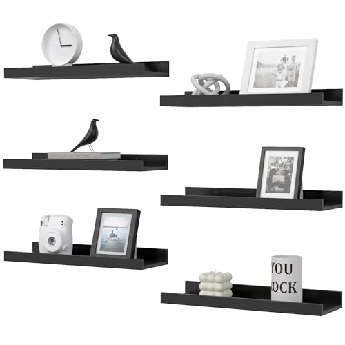 DOLLFIO Floating Shelves Set of 6, Black Wall Shelves with Lip, Display Shelves for Wall Decor, Modern Picture Ledge for Living Room, Bedroom, Nursery, Bathroom, Pictures, Books, Plants- Black - 6 - Modern Black