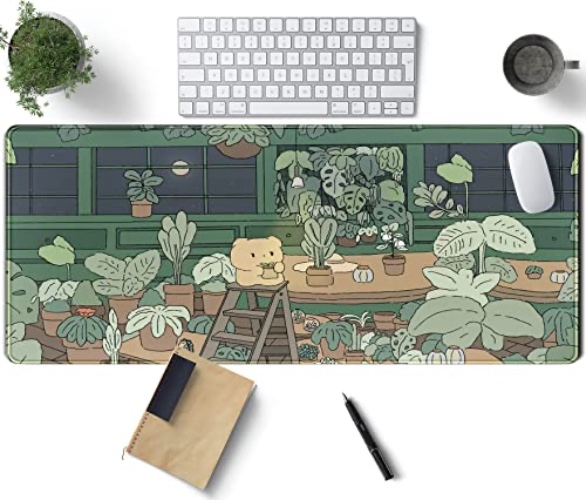 Cute Desk Mat Kawaii Bear XL Large Gaming Mouse Pads Desk Pad Desk Mats Pads on top of Desks Mousepad Cute Anime Plant Desk Protector 31.5x11.8 in, Aesthetic Brown and Green Forest Keyboard Pad - Dark Green Kawaii Bear