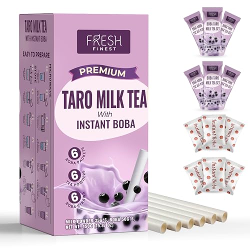 Fresh Finest Taro Milk Tea with Instant Boba + 6 Boba Straws – 6 Pack DIY Boba Tea Kit with Boba Pearls – Delicious and Easy to Make Tea Powders with Tapioca Pearls – Suitable for Microwave, Stove - Taro Tea