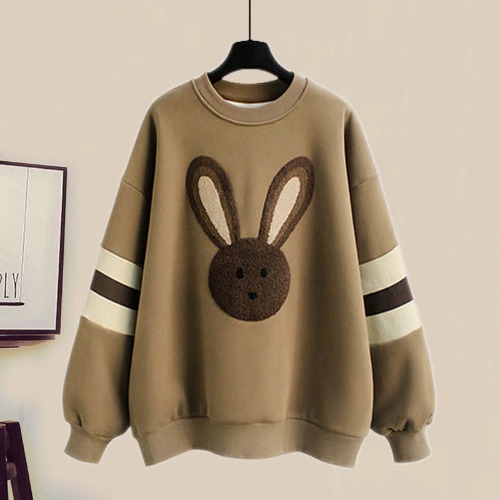 Rabbit Embroidery Colorblock Plush Sweatshirt Roll Up Denim Pants