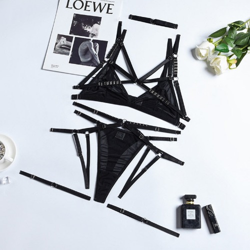 'Haunt' Black Alt Goth 3-Piece Lingerie Mesh Set 