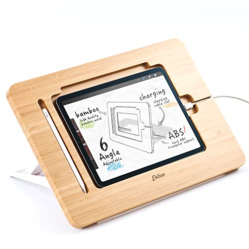ELETIUO Upgraded Bamboo Wooden Drawing iPad Holder with Pencil and Charging Cable Slot, Adjustable Tablet Desktop, Foldable Portable Stand,4th,5th Generation