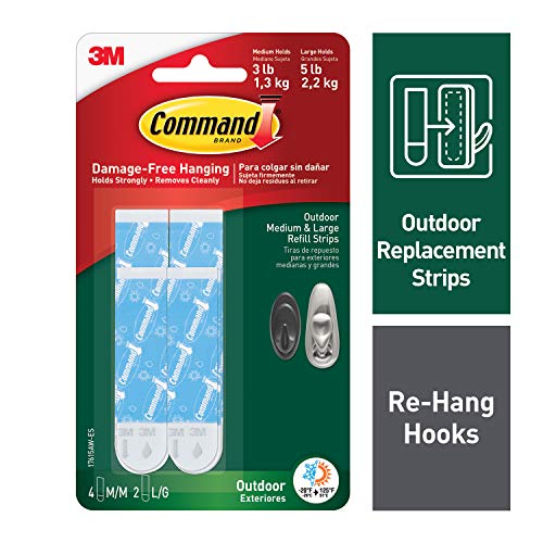 Command Outdoor Medium & Large Refill Strips, 24 Weather Resistant Command Strips (4-Pack of 4 Medium Strips and 2 Large Strips), Water- & UV-Resistant, Re-Hang Command Hooks for Wreath or Wall Décor - Assorted - 24 Refill Strips