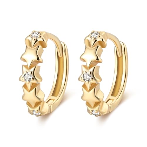 QIKAOLA 925 Sterling Silver Hoop Earrings Huggie Earrings Colorful Cubic Zirconia Hypoalleric Small Hoop Earrings - Gold Shiny Star