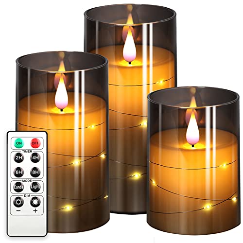 NURADA Flickering Flameless Candles: Built-in Star String Lights Unbreakable 3D Wick Acrylic Battery Operated LED Pillar Candles - Battery Candles with Remote and Timer 3 Pack Gray 4''x5''x6 - Gray - 4''5''6"