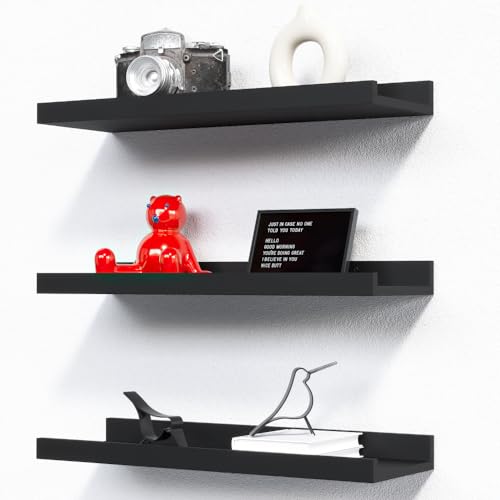 RICHER HOUSE 3 Set Floating Shelves for Wall, Black Wall Mounted Shelves with Lip for Storage, Display Picture Ledge Shelf for Bedroom Bathroom Kitchen Living Room Wall Decor, Modern Black - Black - 3pcs*15.72in