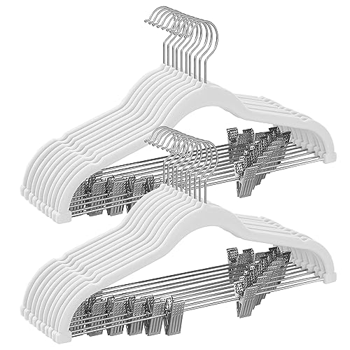 SONGMICS 20-Pack Pants Hangers, 16.7-Inch Long Velvet Hangers with Adjustable Clips, Heavy-Duty, Non-Slip Skirt Hangers, Space-Saving for Pants, Skirts, Coats, Dresses, White UCRF012W20 - White - 20 Pack