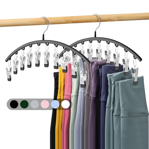 Volnamal Legging Organizer for Closet, Metal Yoga Pants Hangers 2 Pack w/10 Clips Holds 20 Leggings, Space Saving Hanging Closet Organizer w/Rubber Coated Closet Organizers and Storage, Black - Black - 2 Pack