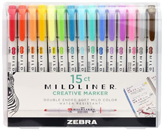 Zebra Pen Mildliner Double Ended Highlighter Set, Broad and Fine Point Tips, Assorted Ink Colors, 15-Pack - Assorted - 15