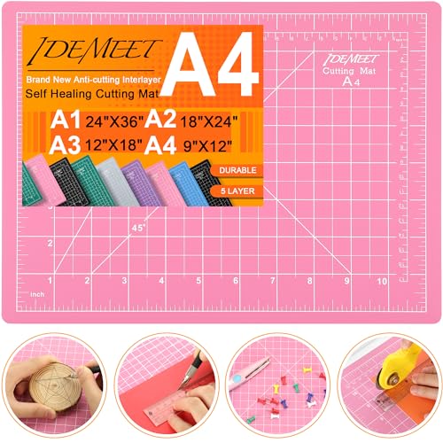 Density-upgraded 9"x12" Self Healing Cutting Mat, Idemeet Rotary Sewing Mat for Crafts, 5-Ply Blade Table Protector Cut Board for Fabric Leather Cutting Quilting Modeling Hobby Project, A4, Pink - Pink - A4：9" x 12"