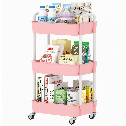 Sywhitta 3-Tier Plastic Rolling Utility Cart with Handle, Multi-Functional Storage Trolley for Office, Living Room, Kitchen, Movable Storage Organizer with Wheels, Pink&White - 3-tier Pinnk&white