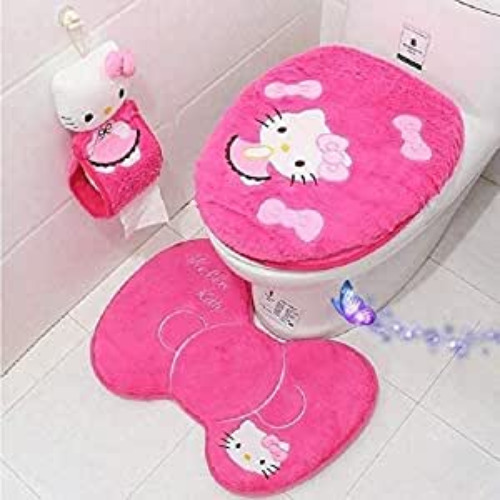 GVTTX Cute Cartoon Pink 4PCS Bathroom Set Toilet Cover WC Seat Cover Bath Mat Holder Pink/ (Rose Red) - Rose Red
