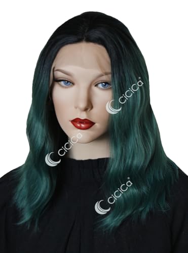 CiCiCa-“Essie”, Lace Front Wigs, Loose Wavy Wig, 16 Inches Medium Length Wig, Ombre Dark Roots to Forest Green Wig, Swiss Lace Wig, Premium Heat Resistant Synthetic Hair Replacement Wigs for Women. - Ombre dark roots to forest green