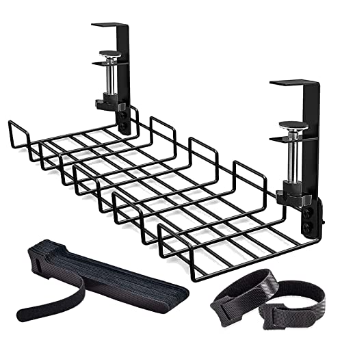 Under Desk Cable Management Tray, No-Drill Under Desk Cable Organizer for Wire Management Desk Cable Rack with 20 PCS Reusable Cable Ties Metal Under Desk Cord Organizer for Office and Home (Black) - Black