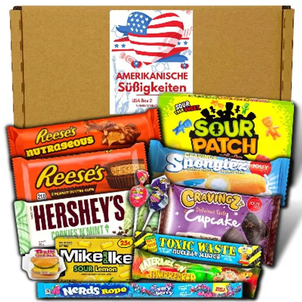 Amerikanische Süßigkeiten Box - American Candy Box der Bestseller Party-Mix mit 13 verschiedenen USA Spezialitäten - Die Perfekte Geschenkidee - Mit Liebe gepackt in Deutschland (1x520g)