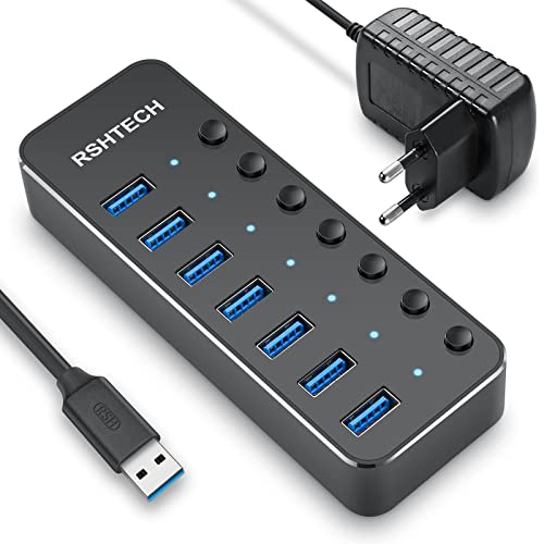 RSHTECH USB Hub Aktiv 3.0 mit Netzteil, Aluminium USB 3.0 mit 7 USB 3.0 Ports, Verteiler zum Laden und zur Datenübertragung, mit 10W(5V/2A) Netzteil und Einzelnen Schalter, RSH-518-2 - 2A