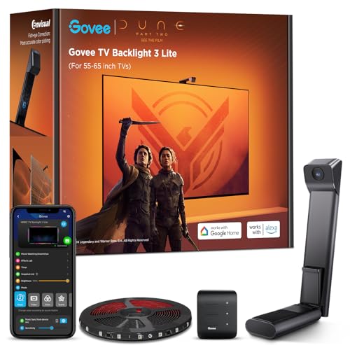 Govee TV Backlight 3 Lite with Fish-Eye Correction Function Sync to 55-65 Inch TVs, 11.8ft RGBICW Wi-Fi TV LED Backlight with Camera, 4 Colors in 1 Lamp Bead, Voice and APP Control, Adapter - 11.8FT for 55''-65'' TV