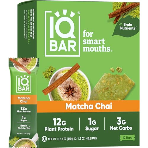 IQBAR Brain and Body Plant Protein Bars - Matcha Chai - 12 Count, Low Carb, High Fiber, Gluten Free, Healthy Vegan Snacks - Low Sugar Keto Bar Pack - Matcha Chai - 12 Count (Pack of 1)
