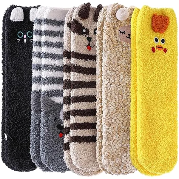 DYW Fuzzy Socks for Women Soft Cozy Fluffy Winter Warm Slipper Socks Home Sleeping Animal Socks - 5 Pairs Animal B