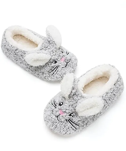 Cozylook Cute Animal House Slippers - Fuzzy Warm Bedroom Slipper Socks Non-Slip Grippers with Funny Face Designs, Fun Christmas Gifts Unique - 1-3 Big Kid - Grey Bunny