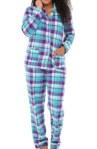 Alexander Del Rossa Women's Soft Warm Fleece Pajamas Plush Lounge Set, Long Sleeve Top and Pants, PJ - Medium - Purple and Teal Plaid
